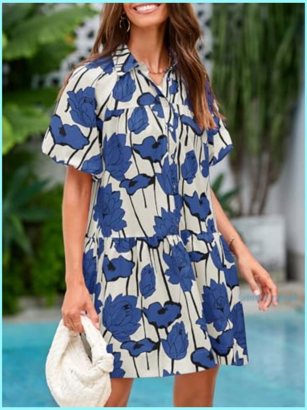 Summer Button Down Shirt Dress Floral Puff Sleeve Loose Fit Mini - Picture 5 of 7